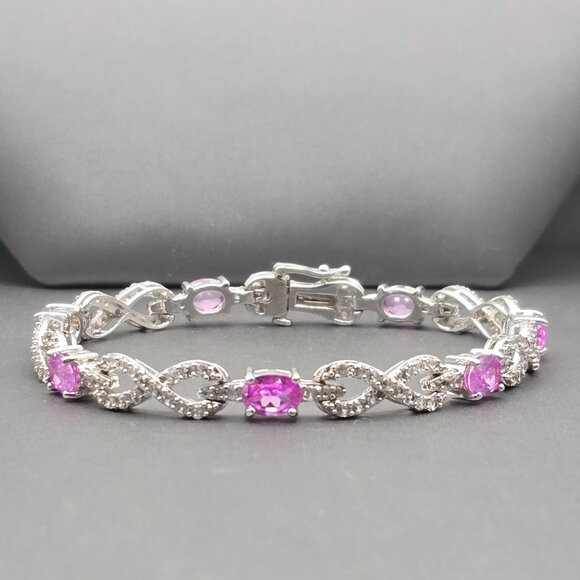 Sterling Silver Pink Tourmaline Quartz Infinity Tennis Bracelet 7.5" Signed SUN - Picture 1 of 15
